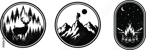 Outdoor Adventure and Wilderness Vector Logo Set: Camping, Hiking, and Wildlife Badges