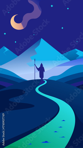 Lone traveler walks a winding path under a crescent moon and starry night sky