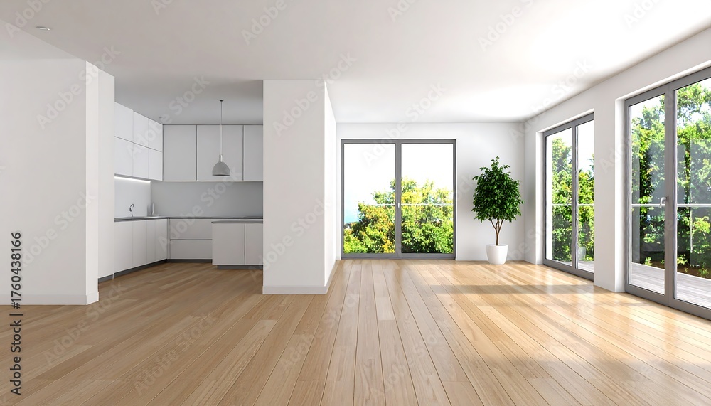 Obraz premium Modern open-plan interior with wood flooring, white walls, and a minimalist kitchen area. Large windows provide natural light