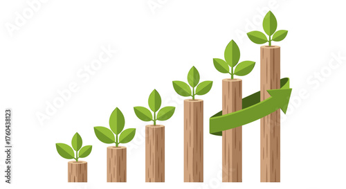 Tiered Business Growth with Plants Vector. Bar Chart Steps with Leaves and Trees. Financial Progression, Environmental Development, and Career Ladder Illustration.