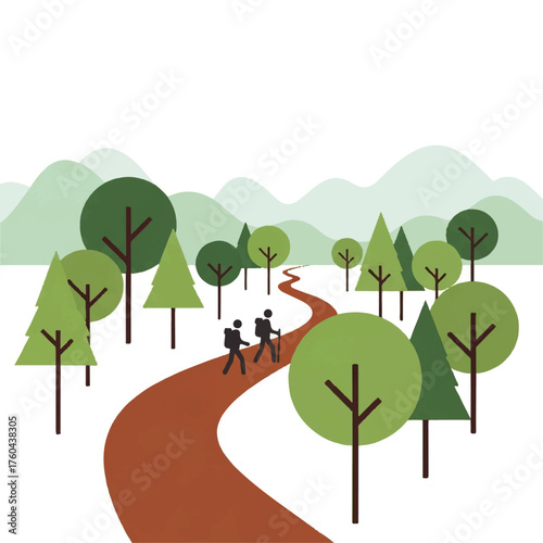 Minimalist vector illustration of two people with backpacks hiking on a winding trail through a scenic forest and mountain landscape