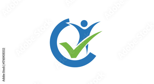 Certified Success and Achievement Logo Vector. Happy Person in Circle with Green Check Mark. Verified Quality, Wellness, and Life Coaching Symbol.