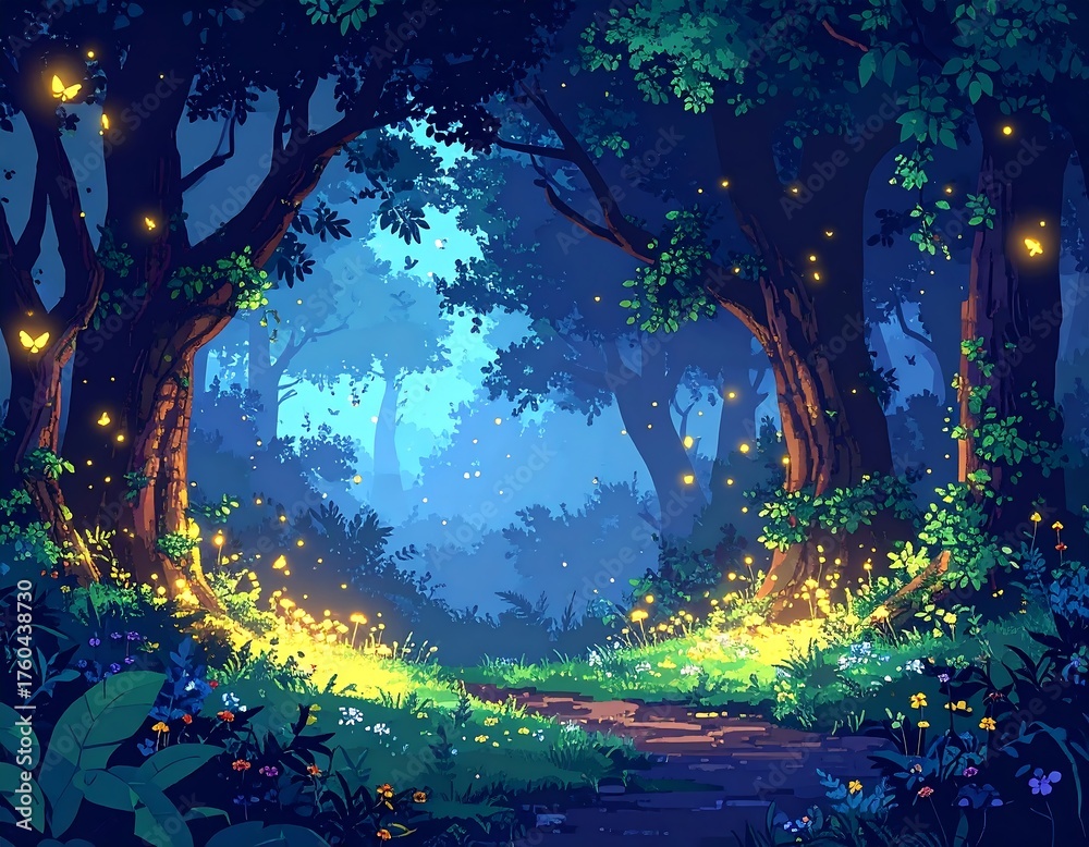 Obraz premium Illustration of a magical forest at twilight, glowing with fireflies