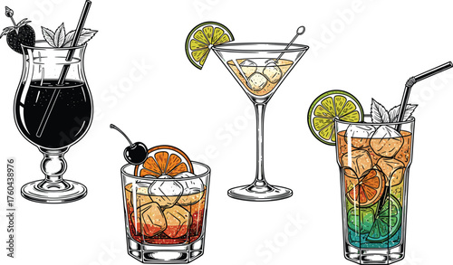 Exotic Cocktails Collection: Refreshing Mixed Drinks for Summer Celebrations & Tropical Vacation Vibes - Creative Menu Design, Bar Advertising, Restaurant Marketing, Party Invitations, Alcohol, Juices