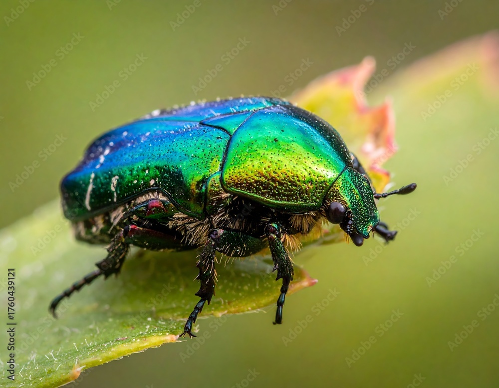Fototapeta premium Close-up of iridescent green beetle on leaf (1)