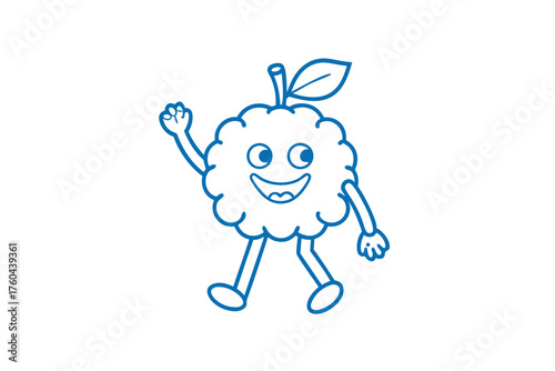 Blueberry character smiles cheerfully and waves a friendly hello in simple line art