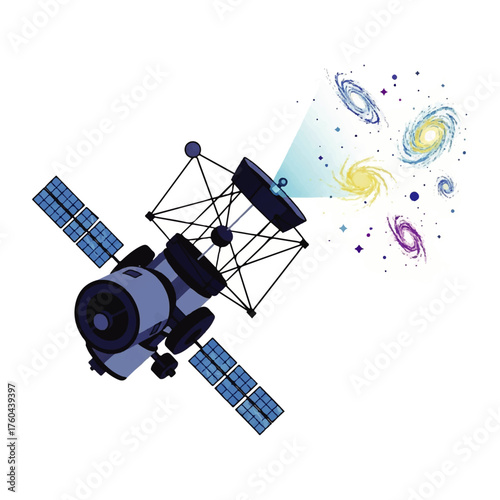 Space telescope satellite illustration with solar panels, observing distant swirling galaxies. Symbolizing advanced astronomy, scientific discovery, and technological exploration of the universe