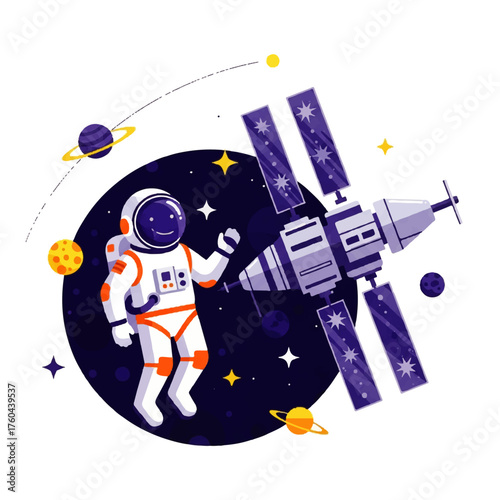 Happy Astronaut and Futuristic Space Station Floating in the Vastness of Space, Surrounded by Distant Planets and Twinkling Stars, Celebrating Cosmic Exploration
