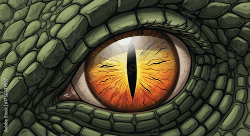 Reptilian Eye Staring Intensely from Scaly Skin in Jungle Environment, Symbolizing Power and Danger, Ideal for Fantasy Game Design, Illustration, Wildlife Presentation, Alligator, Crocodile, Lizard, S