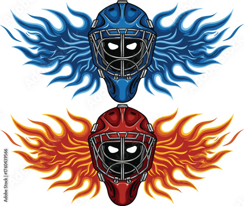 Ice and Fire Hockey Goalie Masks Facing Forward with Stylized Flame Design, Intense Competition for Sports Teams and Fan Apparel, Dynamic Graphic Illustration for Extreme Games, Cold and Heat, Blue Re
