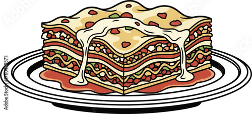 Delicious Lasagna Layered Perfection on Plate: Culinary Art, Italian Cuisine Delight, Traditional Comfort Food Graphic for Restaurant Menu, Gastronomy Presentation, Recipe Illustration, Culinary Blog,