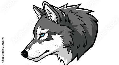 Intense Wolf Head Profile Illustration in Graphic Style - Mascot Design for Esports Team, Gaming, Modern Branding, Fierce Animal Representation, Digital Art for Advertising, Marketing, Presentation, W