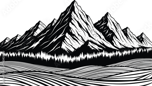 Dramatic Mountain Range Landscape Silhouette Vector Illustration Graphic, Majestic Peaks Overlooking Evergreen Forest and Cultivated Fields, Ideal for Adventure Travel, Nature Tourism, Outdoor Recreat