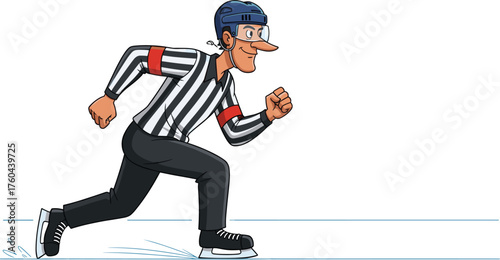 Animated Hockey Referee Skating with Determination on Ice Rink, Cartoon Illustration for Sports Event, Tournament Graphic, Game Design, Mascot Character, Professional Officiating, Competition, Trainin