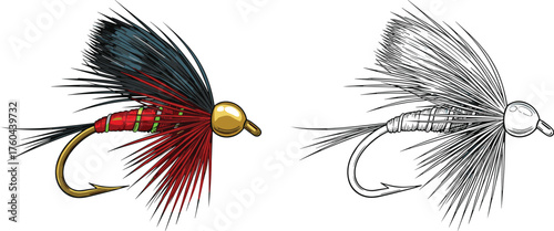 Intricate Fly Fishing Lure Design with Delicate Feathers for Angling in Freshwater Streams & Rivers, Sporting Recreation Illustration for Outdoor Enthusiasts & Fly-Fishing Hobbyists Presentations/Mark