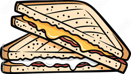 Delicious Toasted Sandwich Cartoon Illustration: Tasty Grilled Sandwiches Stacked High for Culinary Designs, Restaurant Menus & Food Blogging Content. Perfect for Gastronomy, Fast Food & Comfort Cuisi