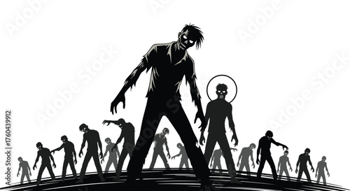 Zombie Horde Advancing in Dark Silhouette Against White Backdrop Illustration: Undead Apocalypse Graphic for Halloween Designs, Horror Themes, Gaming, Comic Books, Scary Events, and Creepy Visuals for