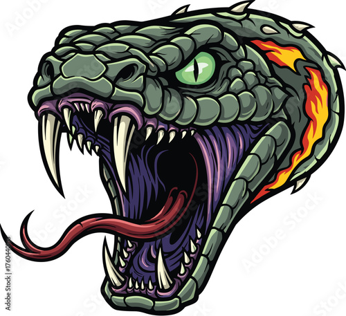 Menacing Viper Ready to Strike with Open Jaws in Bold Cartoon Illustration Style, Aggressive Reptile Threat, Dangerous Animal Kingdom Predator, Ideal for Tattoo Design and Graphic Art, Wildlife Serpen