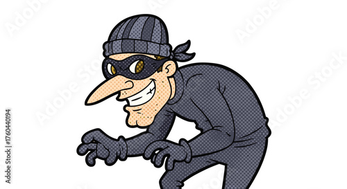 Sneaky Cartoon Burglar Creeping Forward in Shadows Planning a Crime, Wearing a Mask and Beanie, Comic Style, Graphic Novel Illustration for Children's Storybook, Animated Movie, Security Presentation,