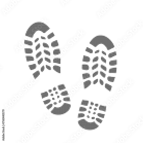 Halftone boot prints in monochrome style. Rugged footwear marks with grunge texture for crime scene, outdoor or military themed visuals.