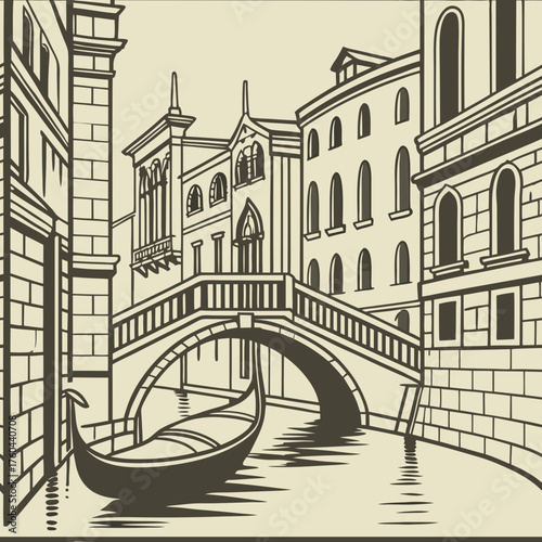 Historic Venetian buildings and gondola on canal with bridge  