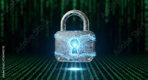 A padlock with circuit board design and glowing keyhole against a matrix style background in green hues