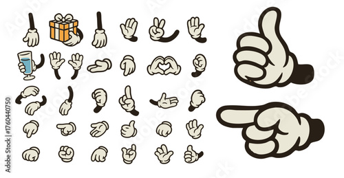 Retro cartoon character hands and gloves set with different gestures and poses