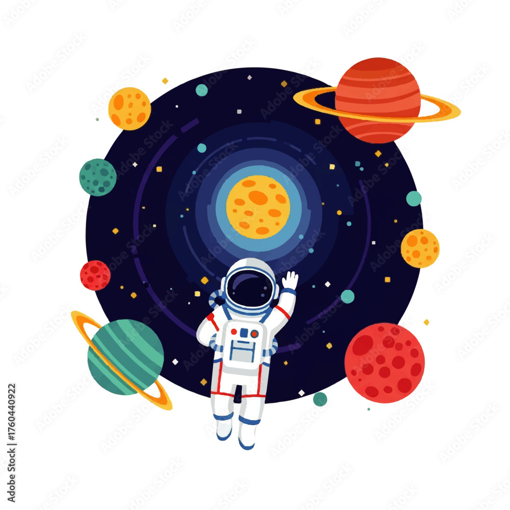 Naklejka premium An Astronaut Floating in Space with Planets, Stars, and Galaxies