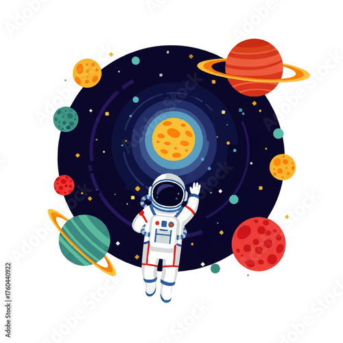 An Astronaut Floating in Space with Planets, Stars, and Galaxies