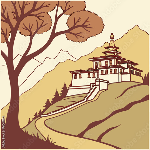 Tibetan monastery surrounded by mountains and trees in autumn colors  