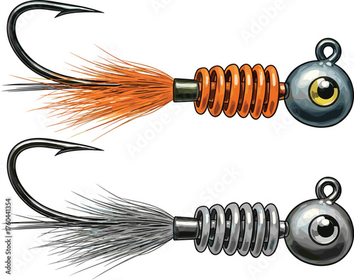 Artistic Illustration of Fishing Lures Ready for Angling: Colorful Orange and Gray Jig Baits with Sharp Hooks for Sport Fishing, Recreational Use, Tackle Presentation, Fly Fishing, Bait, and Outdoor A