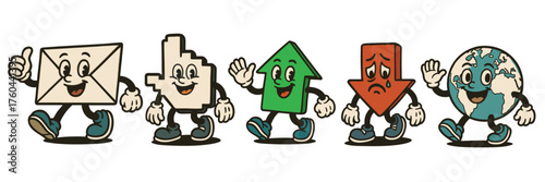 Retro business and communication mascots featuring envelope cursor arrows and globe characters with vintage design