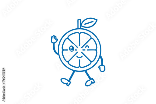 Blue orange slice character walks while waving and winking in a cheerful manner