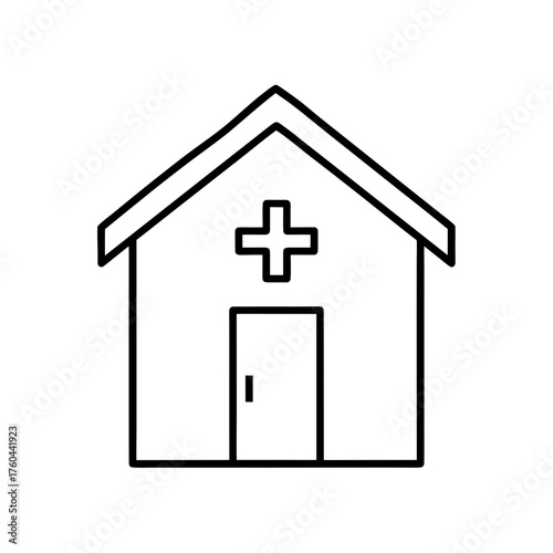 Outline drawing of a hospital building with a cross on transparent background