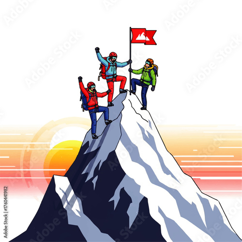 An illustration of a triumphant team of mountaineers celebrating their achievement on a snowy mountain summit at sunrise