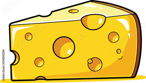 Cartoon Cheese Wedge Illustration with Holes Standing Brightly Detailed for Food Product Packaging Design and Restaurant Menu Graphic, Fresh Dairy, Healthy Eating, Gouda Cheddar, Yellow Color, Culinar