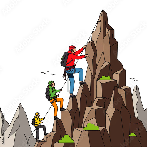 Vector illustration depicting a determined group of adventurers scaling a formidable mountain, emphasizing teamwork and overcoming challenges in a dynamic outdoor pursuit