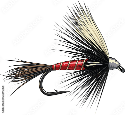 Detailed Fly Fishing Lure Close-up for Angling Enthusiasts, Ideal for Sportfishing Promotion, Fly-tying Guides, and Outdoor Recreation Advertising, Featuring Realistic Colors, Intricate Feather and Ho