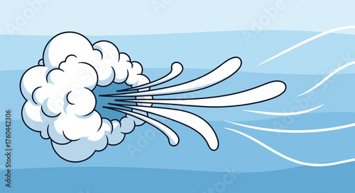 Dynamic Cartoon Wind Cloud Blowing Across Light Blue Sky: Expressive Illustration for Weather Forecasts, Animated Explainer Videos, Nature Concepts, Environmental Awareness, Motion Graphics, Comic Boo