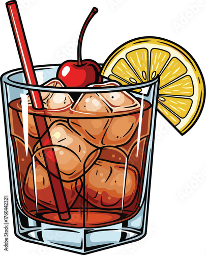 Refreshing Cocktail Illustration with Ice, Cherry, and Orange Garnish for Bar Menu Design, Summer Drink Promotion, and Beverage Advertising, Featuring a Vibrant, Colorful, and Hand-Drawn Style for Res