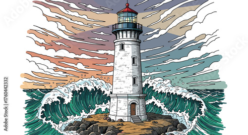 Dramatic Lighthouse Guiding Ships Through Stormy Seas Illustration with Crashing Waves, Rocky Coastline, and Colorful Sky - Nautical Navigation Symbolizes Safety, Hope, and Resilience in Coastal Envir