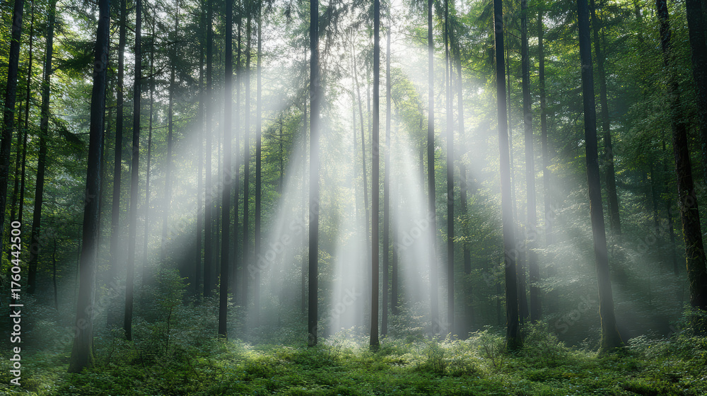 Obraz premium Ethereal light filters through tall trees in serene forest, creating magical atmosphere