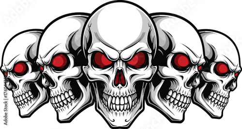 Row of Intense Skulls with Glowing Red Eyes Graphic Art Vector Illustration for Halloween Theme, Horror Design, Tattoo, Death Symbol, Evil Concept, Gothic, Danger Sign, Spooky Decoration, Digital Artw