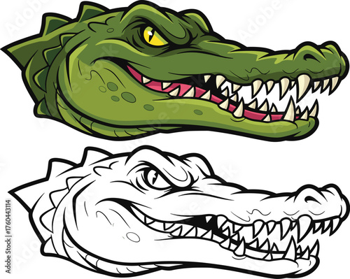 Ferocious Alligator Head Cartoon Illustration with Detailed Scales and Sharp Teeth, Aggressively Smiling and Ready to Attack on Plain Background, Ideal for Educational Materials, Sporting Team Logo, a