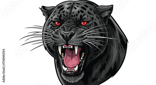 Ferocious Black Panther Roaring Aggressively with Red Eyes Against White Backdrop, Symbolizing Power, Courage, and Ferocity for Mascot Designs, Wildlife Conservation, and Tattoo Art in Bold Graphic St