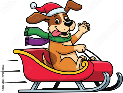 Festive Cartoon Dog Joyfully Riding in a Christmas Sleigh, Waving a Paw in Snowy Holiday Season, Animated Winter Adventure for Kids, Vector Illustration for Greeting Cards and Seasonal Marketing, Chee