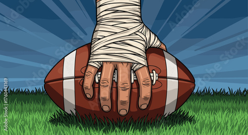 Bandaged Football Player Gripping Ball on Grassy Field Under Blue Sky: Intense Sports Competition, Recovery, Determination, American Football Game, Cartoon Illustration, Injury, Graphic Design, Profes