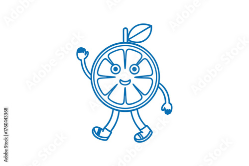A cute orange slice character is smiling, waving hello, and walking happily forward
