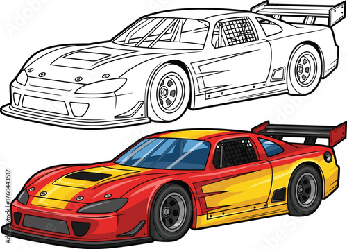 Dynamic Stock Car Racing Illustration: Bold Sportscar Speeding with Red and Yellow Livery, Graphic Design for Automotive Enthusiasts, Motorsport Adrenaline, Transportation Excellence, Racing Spirit an