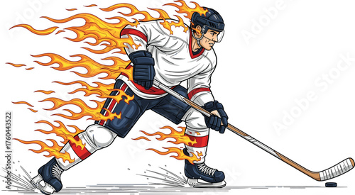 Dynamic Hockey Player Speeding with Fiery Energy on Ice Rink, Illustrating Fast Action, Intense Competition, and Athletic Excellence in Sports Culture, For Marketing, Advertising, and Sporting Visuals